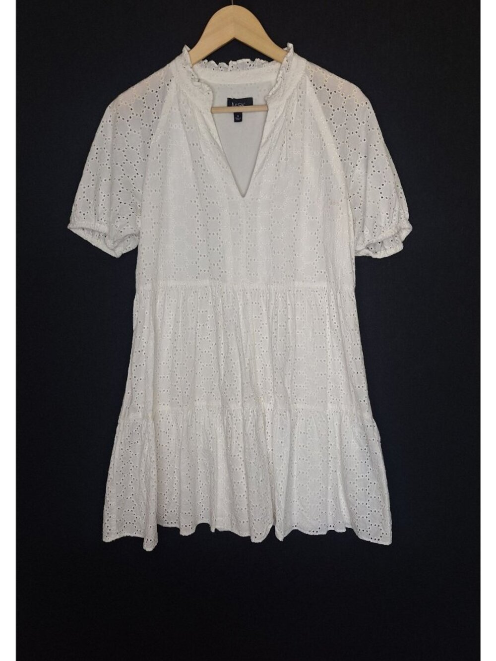 💙 MSK White Eyelet Mini Dress Size M Cotton Puff Sleeve Tiered Boho Cottagecore